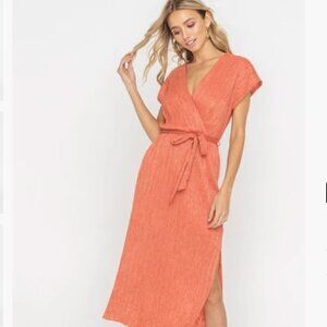 Lush Ginger Spice Micropleat Belted Midi Dress size Small